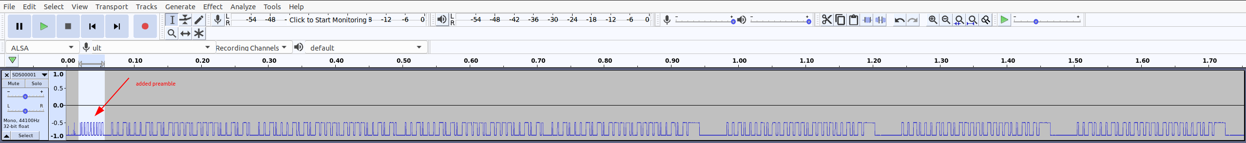 Imgage shows imported wav file from the oscilloscope in Audacity plus the added preable representing 10101010.